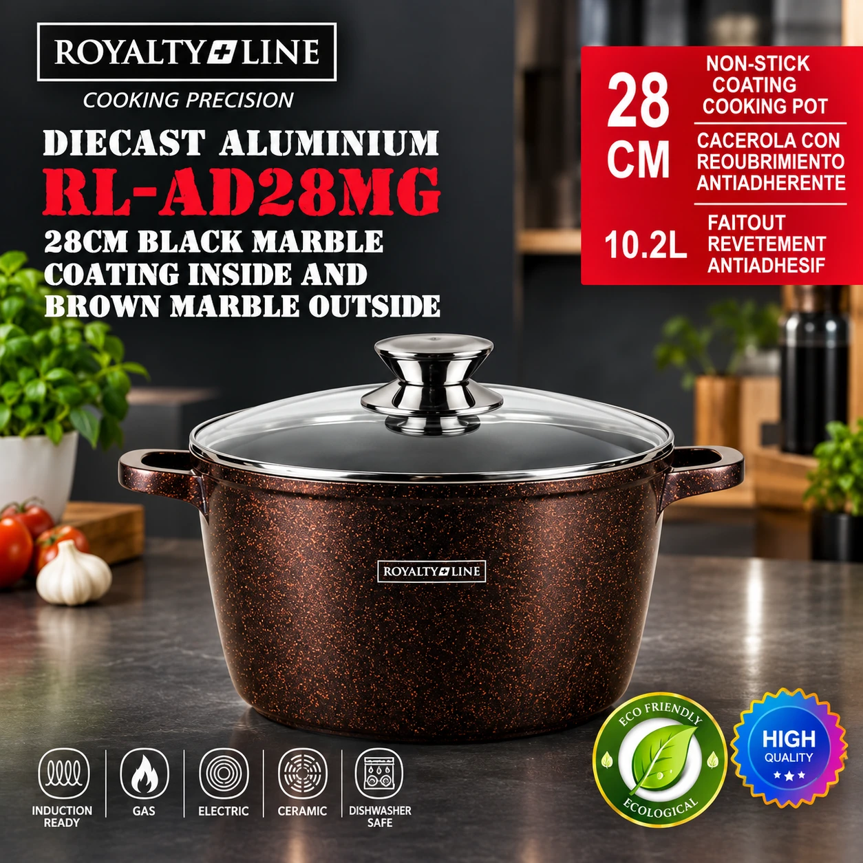 Royalty Line® 10L Márvány Bevonatú Fazék Üvegfedővel - RL-AD28L - BARNA