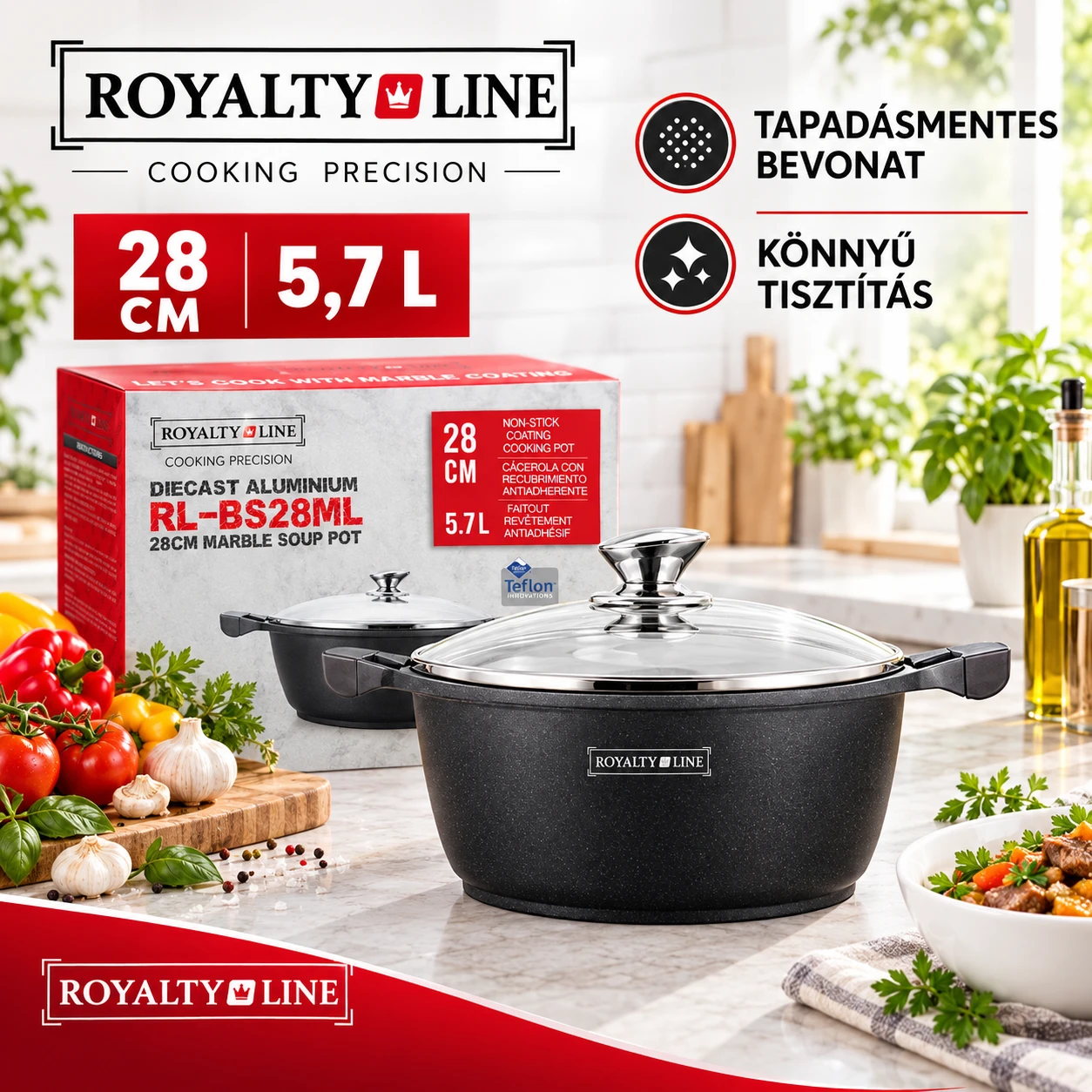 Royalty Line® RL-BS28M Márvány Bevonatú Főzőedény és Lábas – 28 cm (RL-BS28M)