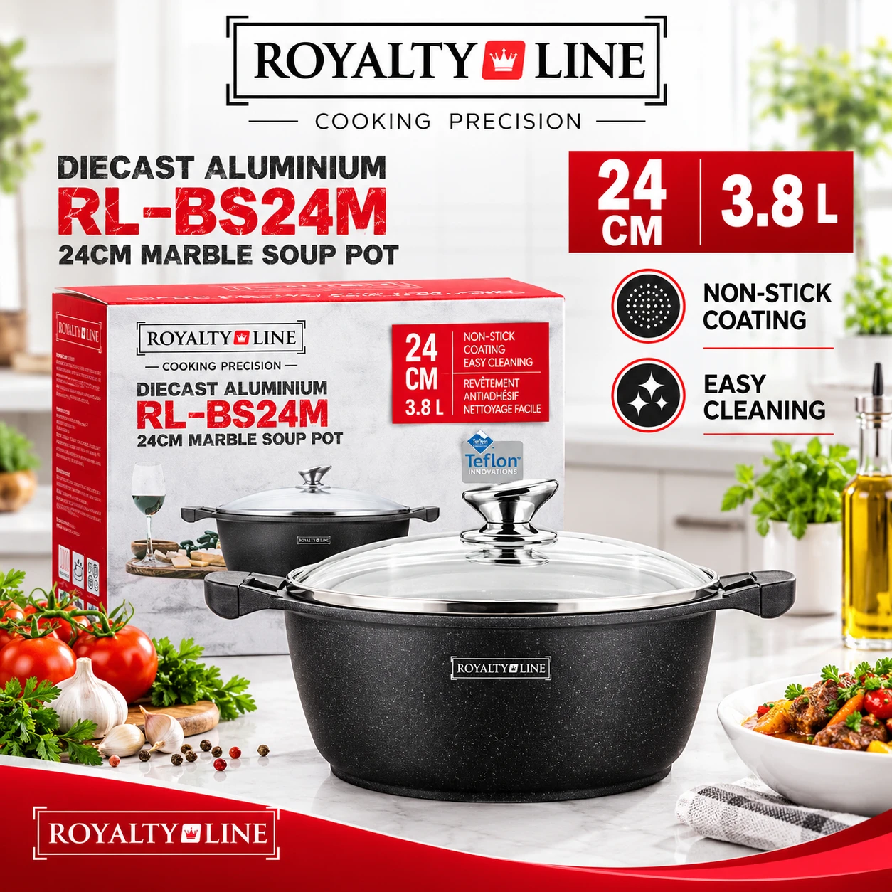 Royalty Line® RL-BS24M Márvány Bevonatú Főzőedény és Lábas – 24 cm