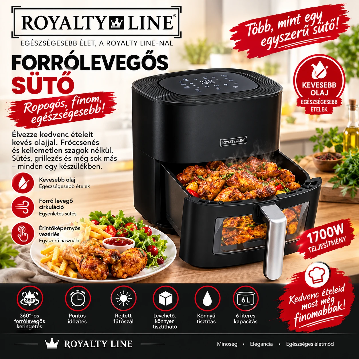 Royalty Line Betekintőablakos Forrólevegős Sütő, Air Fryer, 6,5 Literes, 1700W, Fekete